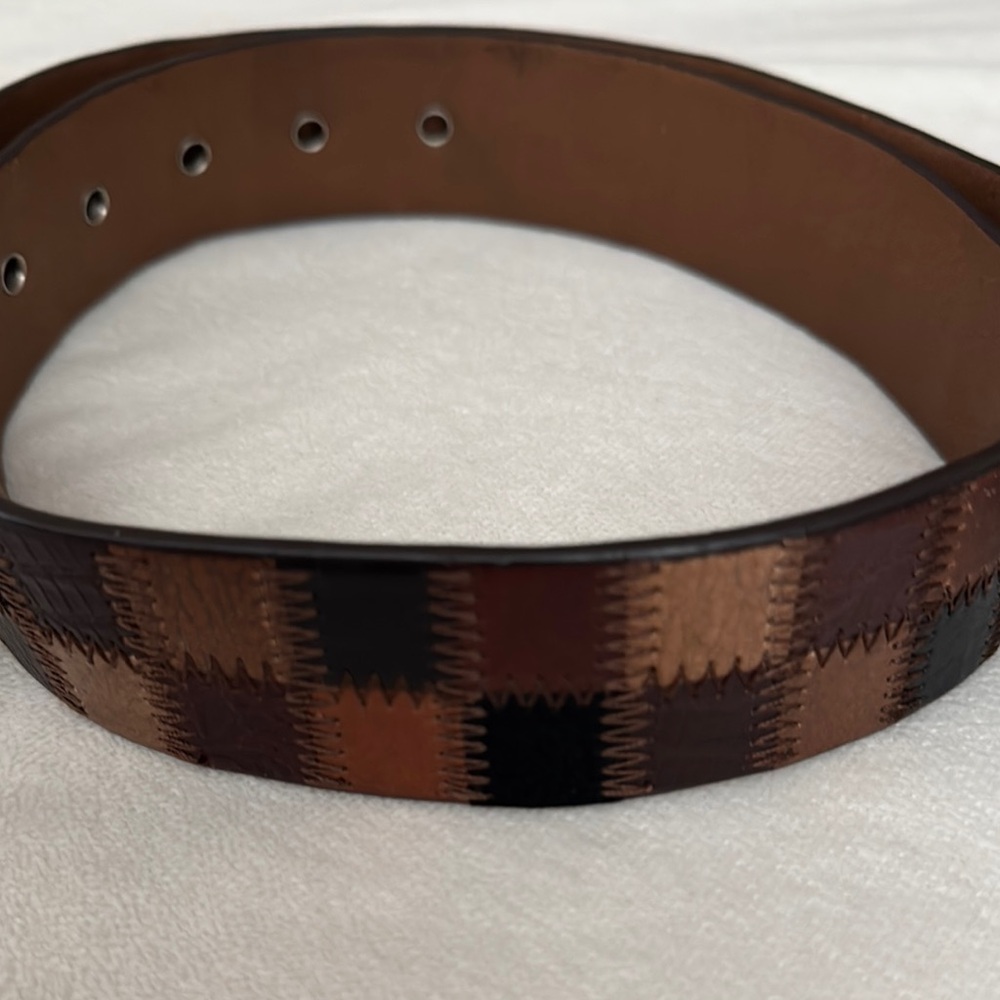 Vintage Fossil patch work genuine Leather Belt with Silver Buckle - Picture 9 of 13